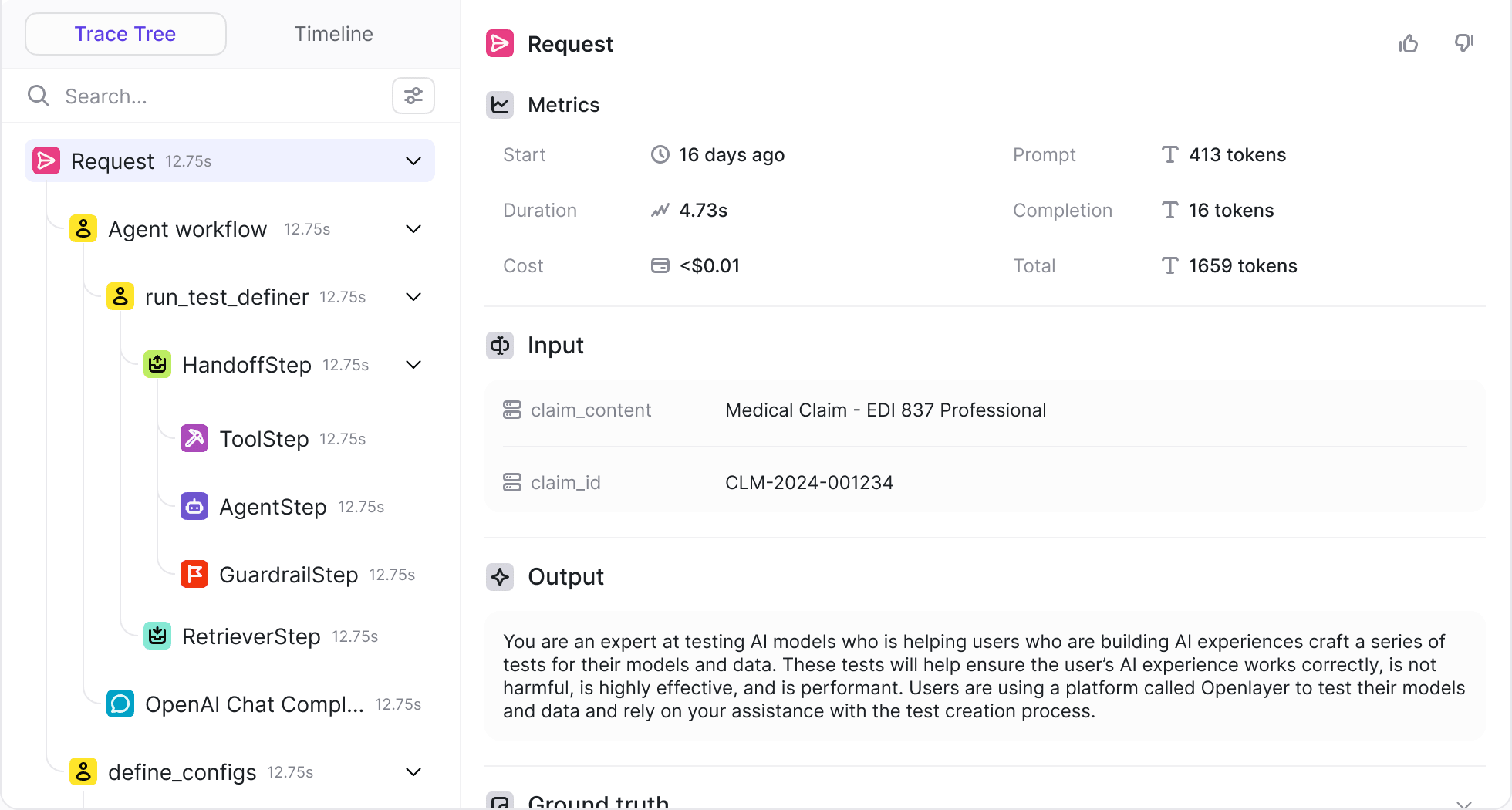 Openlayer trace of a medical claim request: agent workflow steps with metrics, input, and output